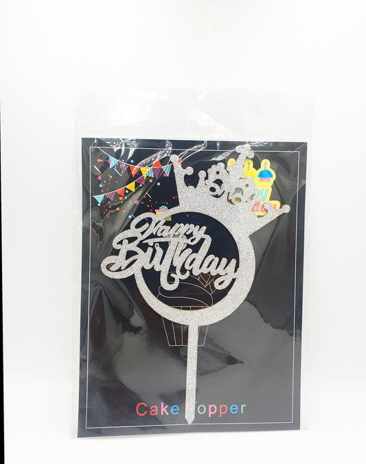 Happy Birthday Cake Topper – Silver